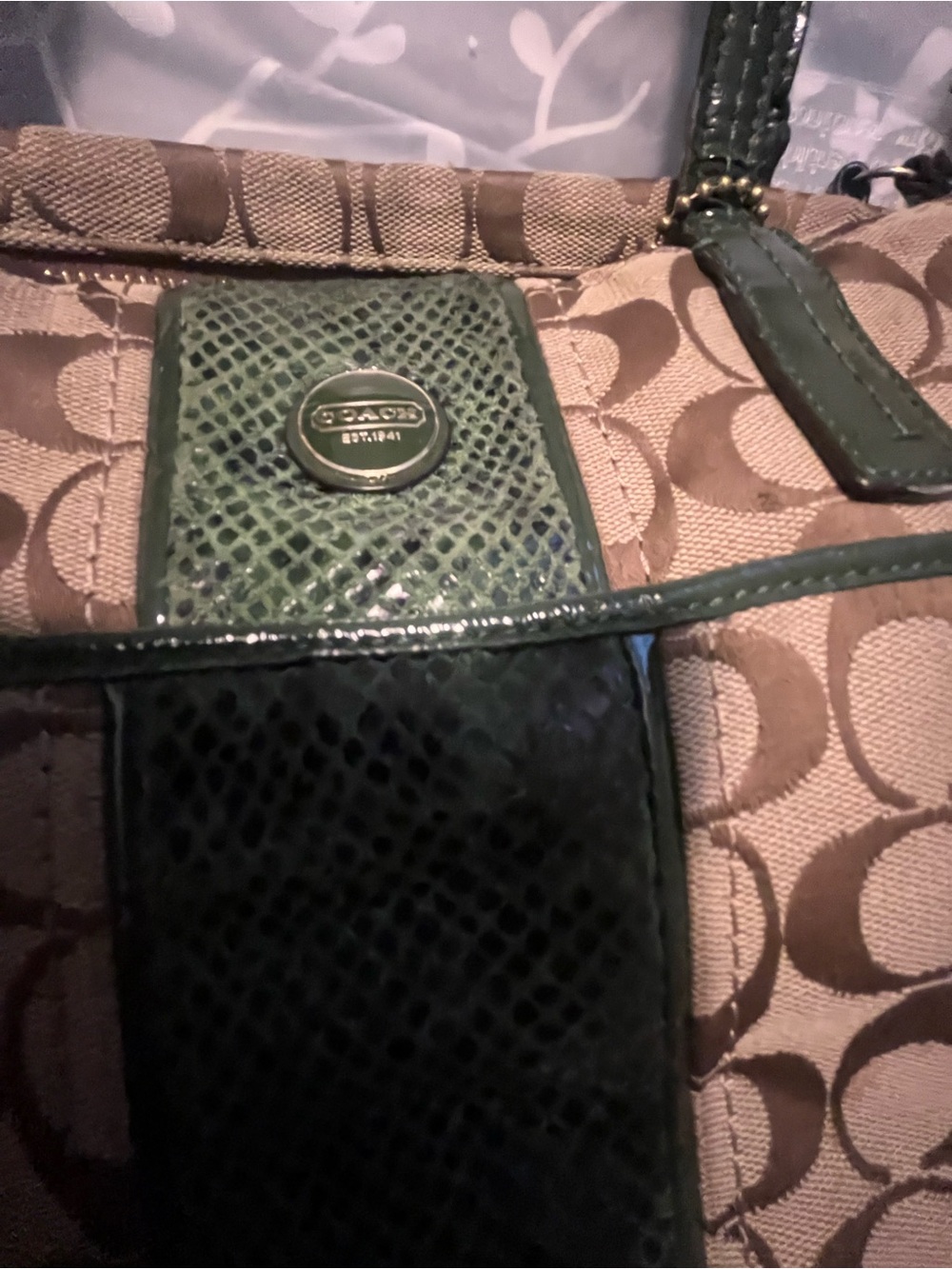 Coach Signature Canvas Shoulder Bag with Green Snake Skin Trim leather - Picture 9 of 10